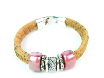 Kurk armband roze steen/metaal